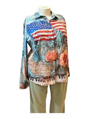 This Women's 4XL Novelty Americana Flag Button-Up Long Sleeve Multicolor Shirt